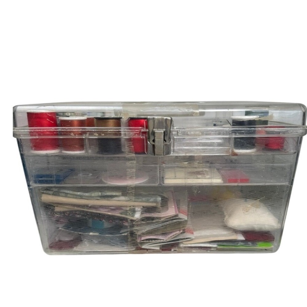 Vintage Sewing Kit Clear Cantilever Box Talon Coats Clark Thread Notions Lot